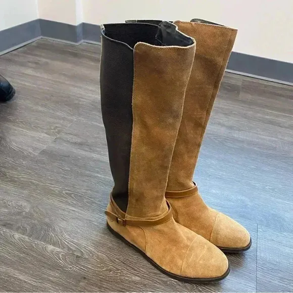 Loft Tan Camel Suede Riding Boots Elasticated Shaft Knee High: 8