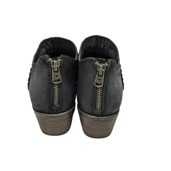 Lucky Brand Fawn Women Black Suede Ankle Boots Size 9M Wood Heel Zip Back