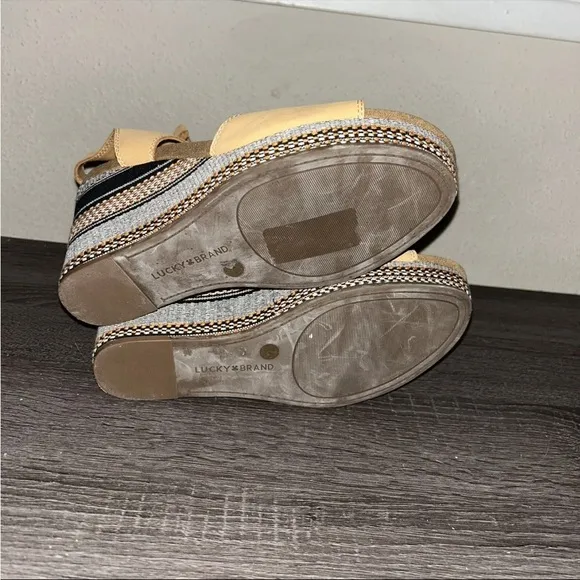 Lucky Brand Yejida Tan Leather Woven Strappy Platform Wedge Sandals Size 10