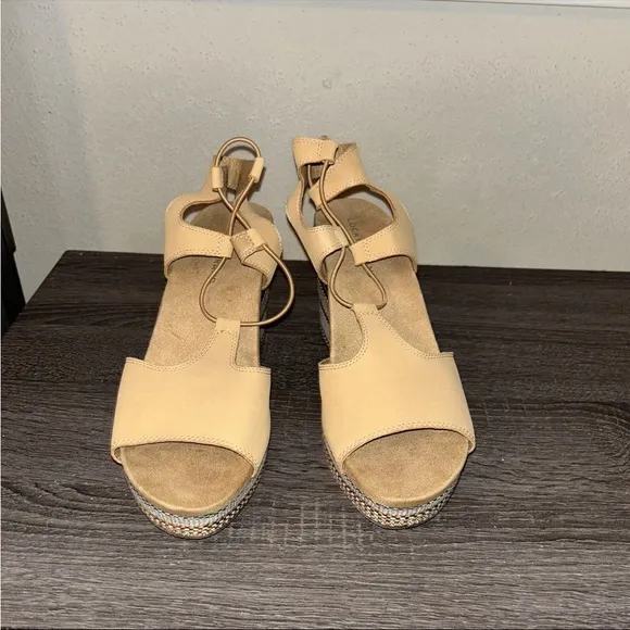 Lucky Brand Yejida Tan Leather Woven Strappy Platform Wedge Sandals Size 10
