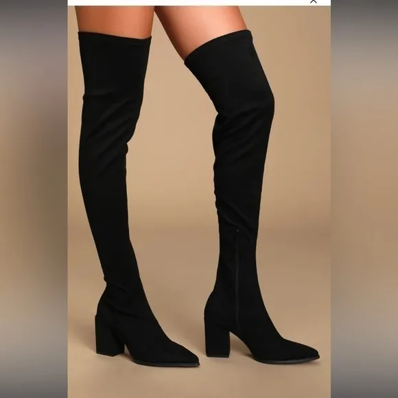 Lulu's Aurelie Black Suede Pointed-Toe Over The Knee Boots New