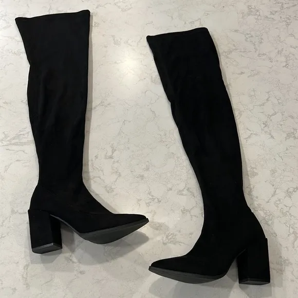 Lulu's Aurelie Black Suede Pointed-Toe Over The Knee Boots New