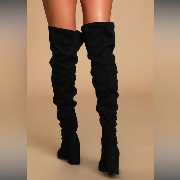 Lulu's Aurelie Black Suede Pointed-Toe Over The Knee Boots New