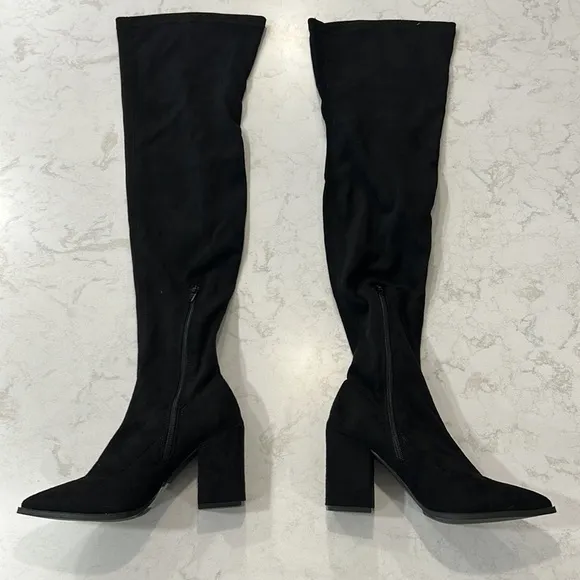 Lulu's Aurelie Black Suede Pointed-Toe Over The Knee Boots New