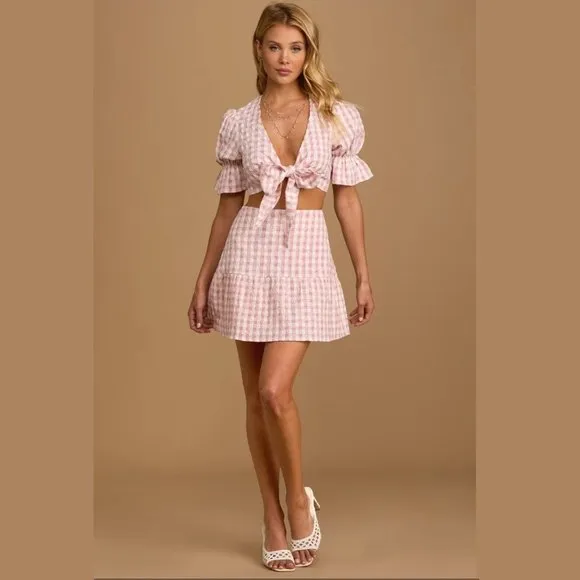 Lulus Patio Cutie Embroidered Pink Gingham Tie Front Top &amp; Mini Skirt Set XS