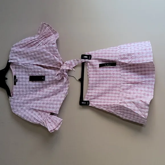 Lulus Patio Cutie Embroidered Pink Gingham Tie Front Top &amp; Mini Skirt Set XS
