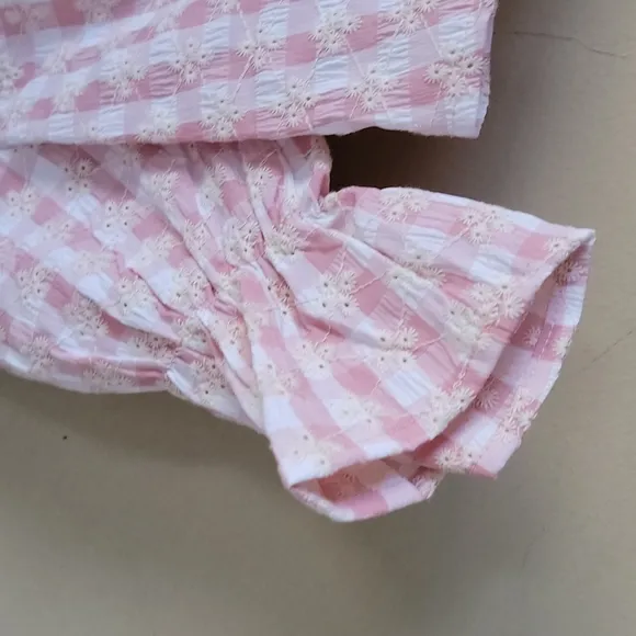Lulus Patio Cutie Embroidered Pink Gingham Tie Front Top &amp; Mini Skirt Set XS