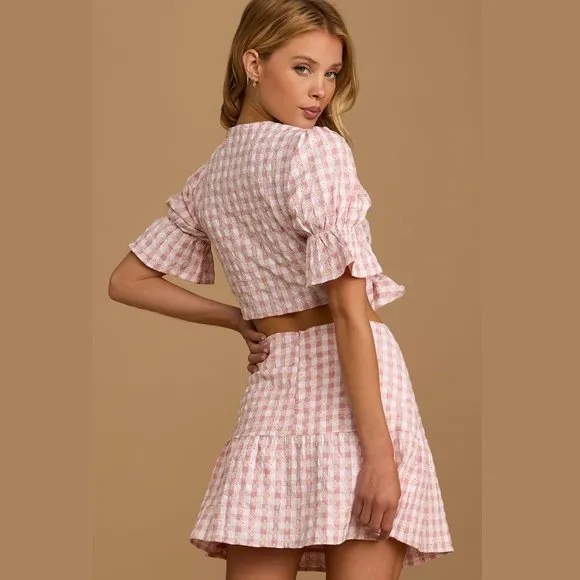 Lulus Patio Cutie Embroidered Pink Gingham Tie Front Top &amp; Mini Skirt Set XS