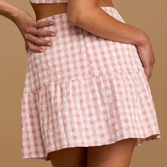 Lulus Patio Cutie Embroidered Pink Gingham Tie Front Top &amp; Mini Skirt Set XS