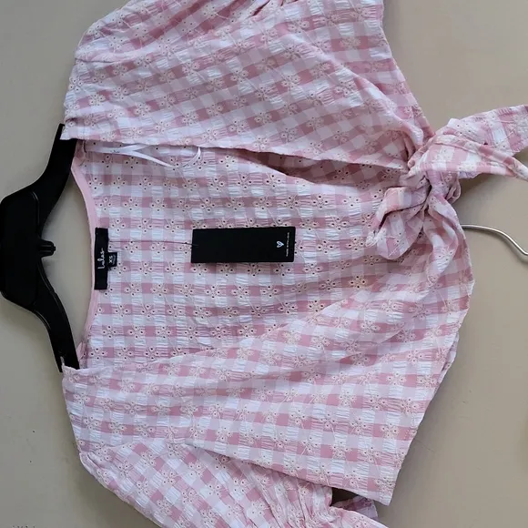 Lulus Patio Cutie Embroidered Pink Gingham Tie Front Top &amp; Mini Skirt Set XS