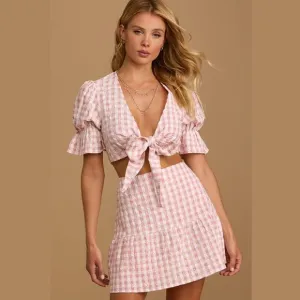 Lulus Patio Cutie Embroidered Pink Gingham Tie Front Top &amp; Mini Skirt Set XS