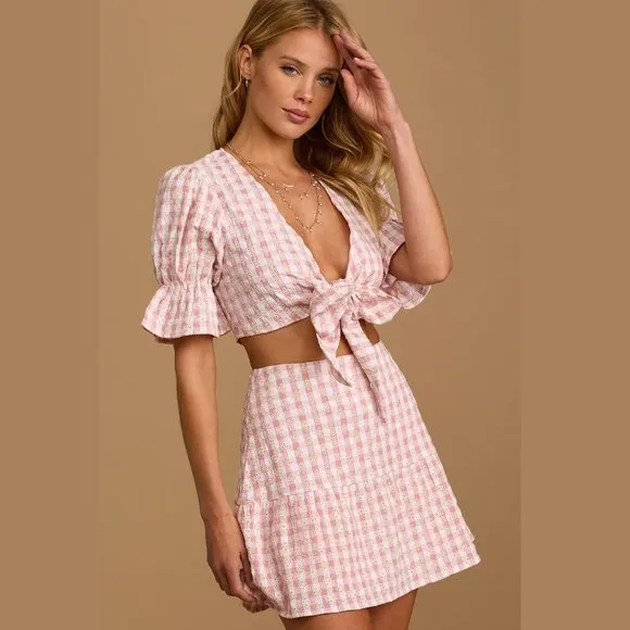 Lulus Patio Cutie Embroidered Pink Gingham Tie Front Top &amp; Mini Skirt Set XS