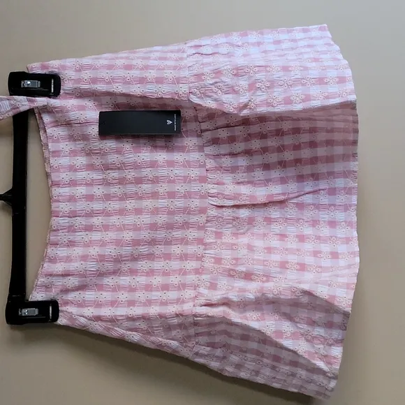 Lulus Patio Cutie Embroidered Pink Gingham Tie Front Top &amp; Mini Skirt Set XS