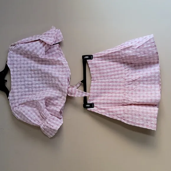 Lulus Patio Cutie Embroidered Pink Gingham Tie Front Top &amp; Mini Skirt Set XS