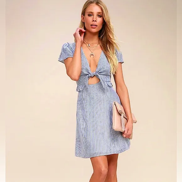 Lulus Seaport Navy Blue and White Striped Tie-Front mini dress cutout back LG