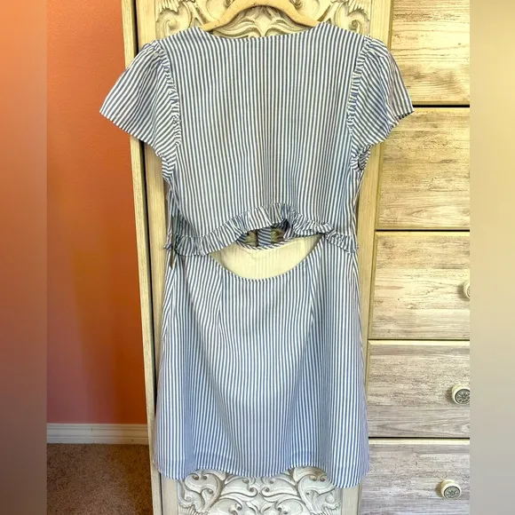 Lulus Seaport Navy Blue and White Striped Tie-Front mini dress cutout back LG