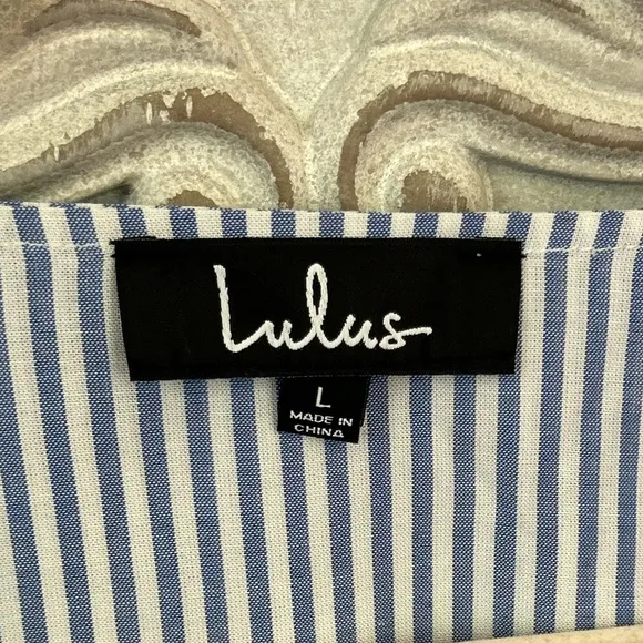 Lulus Seaport Navy Blue and White Striped Tie-Front mini dress cutout back LG