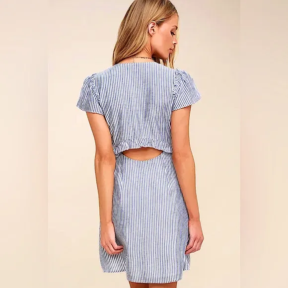 Lulus Seaport Navy Blue and White Striped Tie-Front mini dress cutout back LG