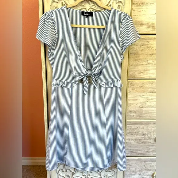 Lulus Seaport Navy Blue and White Striped Tie-Front mini dress cutout back LG