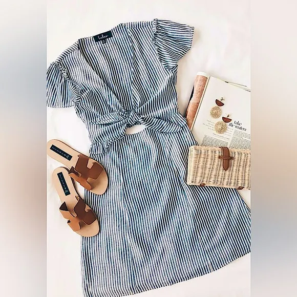 Lulus Seaport Navy Blue and White Striped Tie-Front mini dress cutout back LG