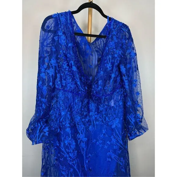 MAC DUGGAL Blue V-Neck Mesh Puff Sleeve A Line Embellished Tea Length Dress Size
