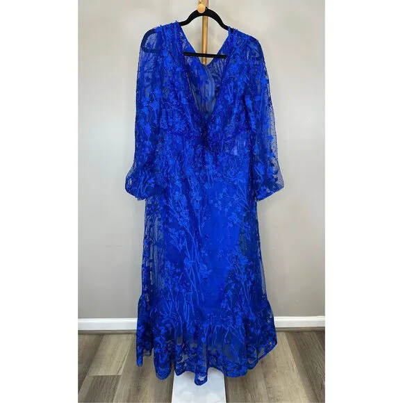 MAC DUGGAL Blue V-Neck Mesh Puff Sleeve A Line Embellished Tea Length Dress Size