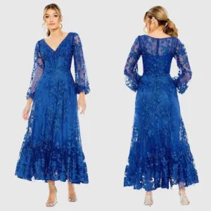 MAC DUGGAL Blue V-Neck Mesh Puff Sleeve A Line Embellished Tea Length Dress Size