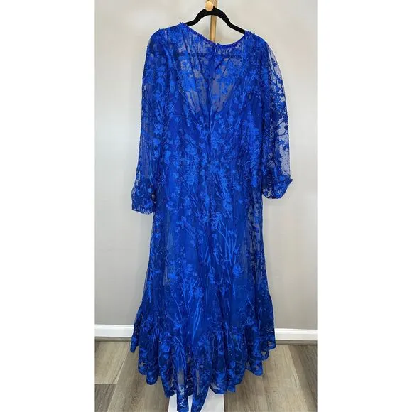 MAC DUGGAL Blue V-Neck Mesh Puff Sleeve A Line Embellished Tea Length Dress Size