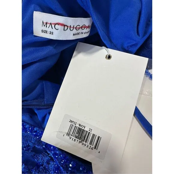 MAC DUGGAL Blue V-Neck Mesh Puff Sleeve A Line Embellished Tea Length Dress Size
