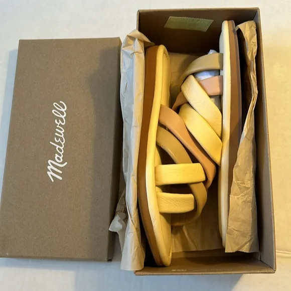Madewell 7.5 Sandals Puffy Woven Leandra Slides Leather Buttered Scone Multi NWT