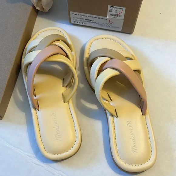 Madewell 7.5 Sandals Puffy Woven Leandra Slides Leather Buttered Scone Multi NWT