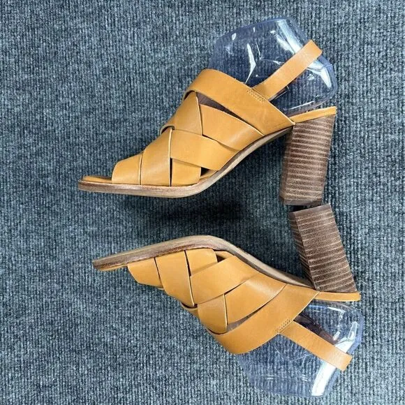 Madewell Cindy Sandals Womens 7.5 Tan Leather Ankle Strap Woven Stacked Heel