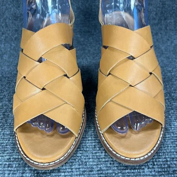 Madewell Cindy Sandals Womens 7.5 Tan Leather Ankle Strap Woven Stacked Heel