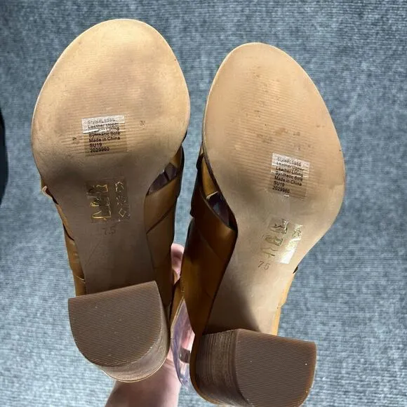 Madewell Cindy Sandals Womens 7.5 Tan Leather Ankle Strap Woven Stacked Heel