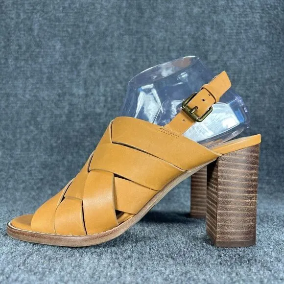 Madewell Cindy Sandals Womens 7.5 Tan Leather Ankle Strap Woven Stacked Heel