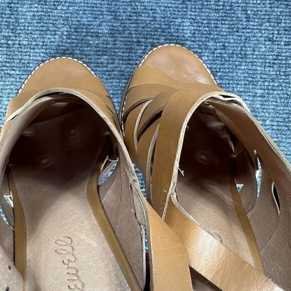 Madewell Cindy Sandals Womens 7.5 Tan Leather Ankle Strap Woven Stacked Heel