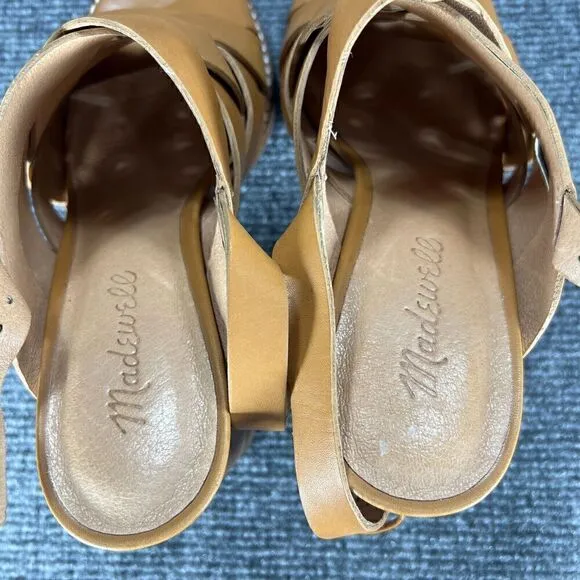 Madewell Cindy Sandals Womens 7.5 Tan Leather Ankle Strap Woven Stacked Heel
