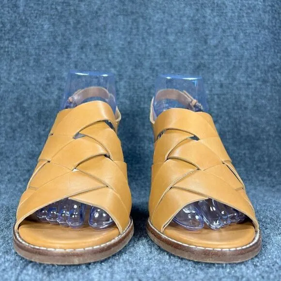Madewell Cindy Sandals Womens 7.5 Tan Leather Ankle Strap Woven Stacked Heel
