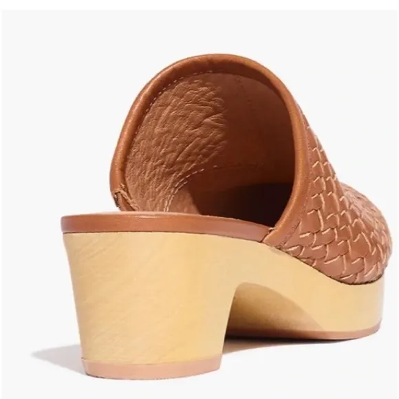 MADEWELL intrecciato woven tan leather stacked wooden sandals size 7.5