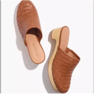 MADEWELL intrecciato woven tan leather stacked wooden sandals size 7.5