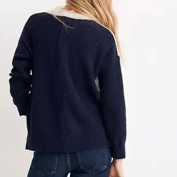Madewell Patch Pocket Pullover Sweater in Colorblock Navy Blue Gray J8783 NWT