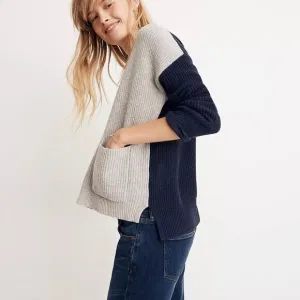 Madewell Patch Pocket Pullover Sweater in Colorblock Navy Blue Gray J8783 NWT