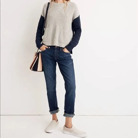 Madewell Patch Pocket Pullover Sweater in Colorblock Navy Blue Gray J8783 NWT