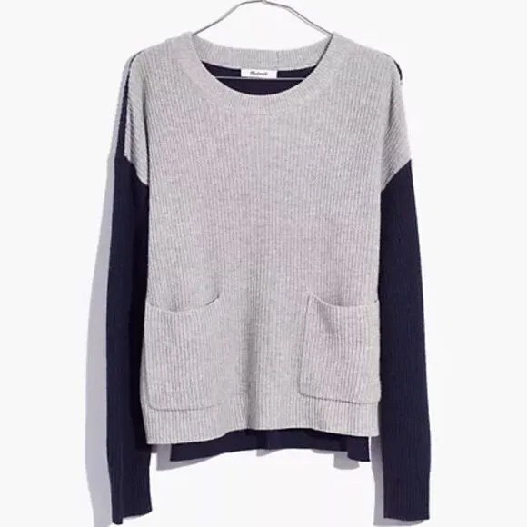 Madewell Patch Pocket Pullover Sweater in Colorblock Navy Blue Gray J8783 NWT