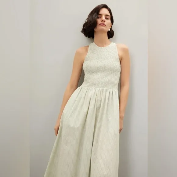 Madewell Women's Smocked Sleeveless Midi Selena Dress in Stripe Small NWT