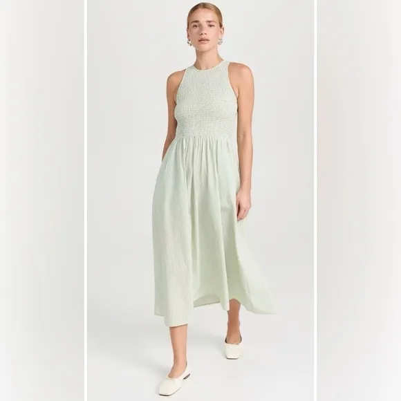 Madewell Women's Smocked Sleeveless Midi Selena Dress in Stripe Small NWT