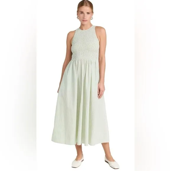 Madewell Women's Smocked Sleeveless Midi Selena Dress in Stripe Small NWT