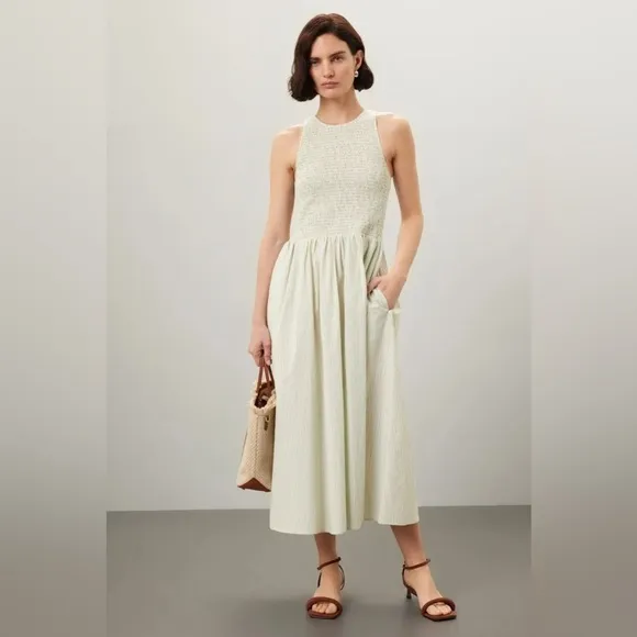 Madewell Women's Smocked Sleeveless Midi Selena Dress in Stripe Small NWT