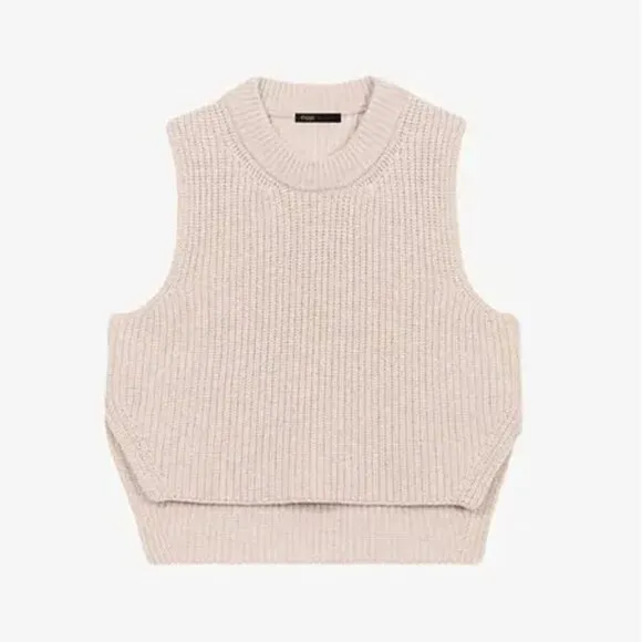 Maje Made in Italy Ribbed Split-Hem Wool Vest Beige Size 0 NWT
