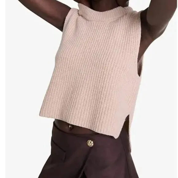 Maje Made in Italy Ribbed Split-Hem Wool Vest Beige Size 0 NWT